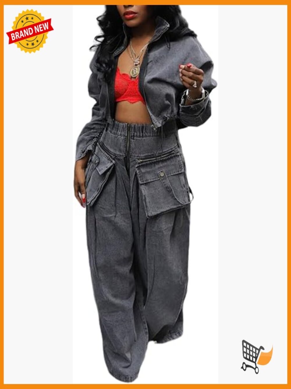 Women's Denim Crop Jacket & Wide Leg Pant 2pc Set